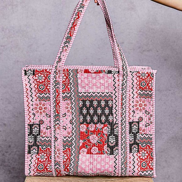 POL Pink Kantha quilted patchwork floral embroidered XL boho tote bag - Picture 3 of 4
